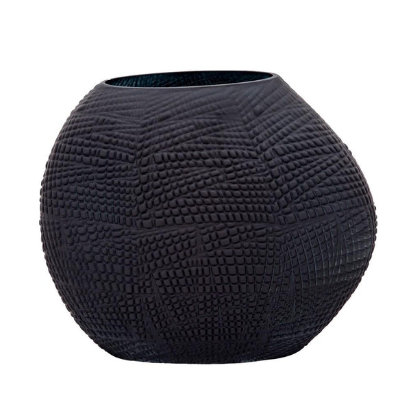 Glass Protruded Design Vase with Textured Details, Black - BM232694