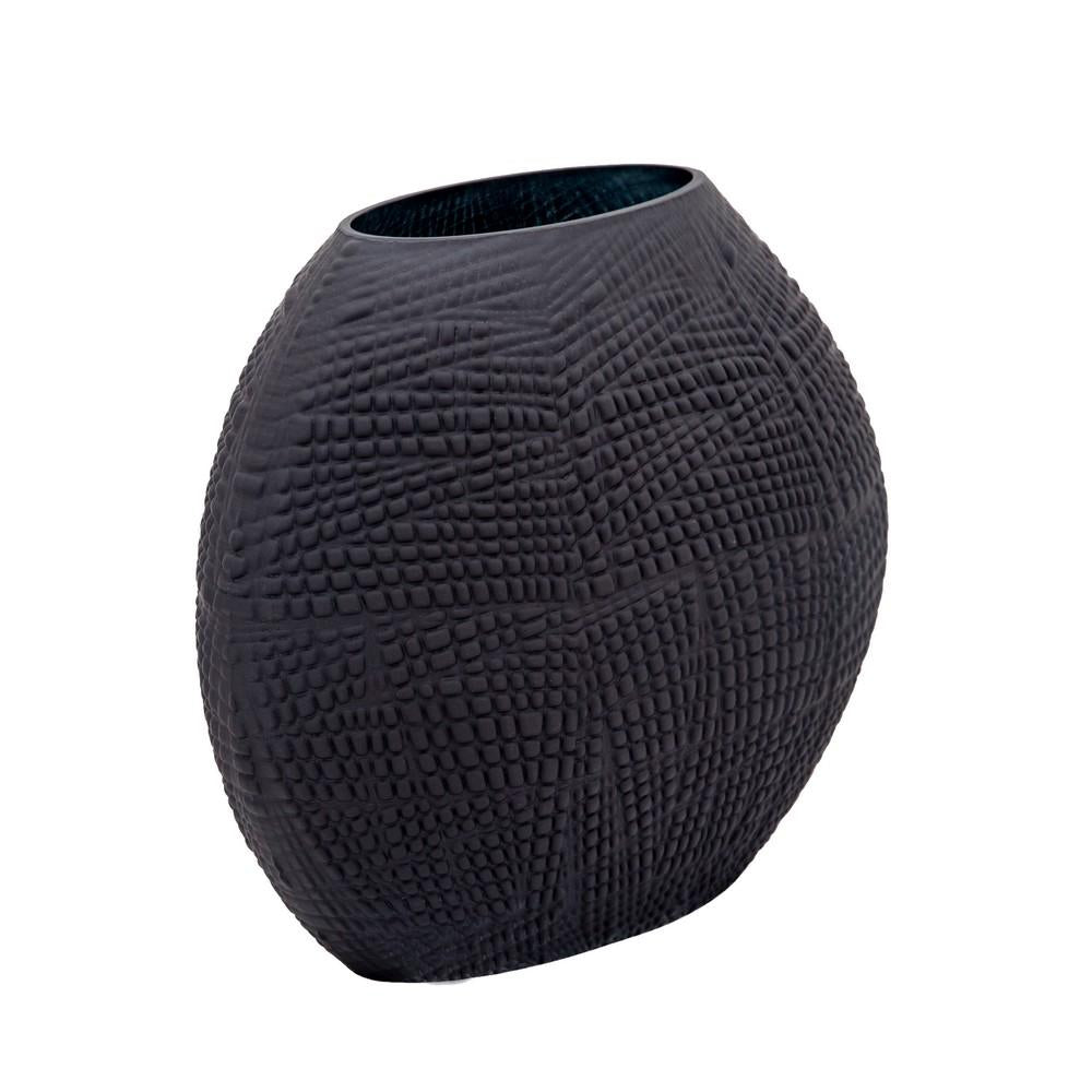 Glass Protruded Design Vase with Textured Details, Black - BM232694