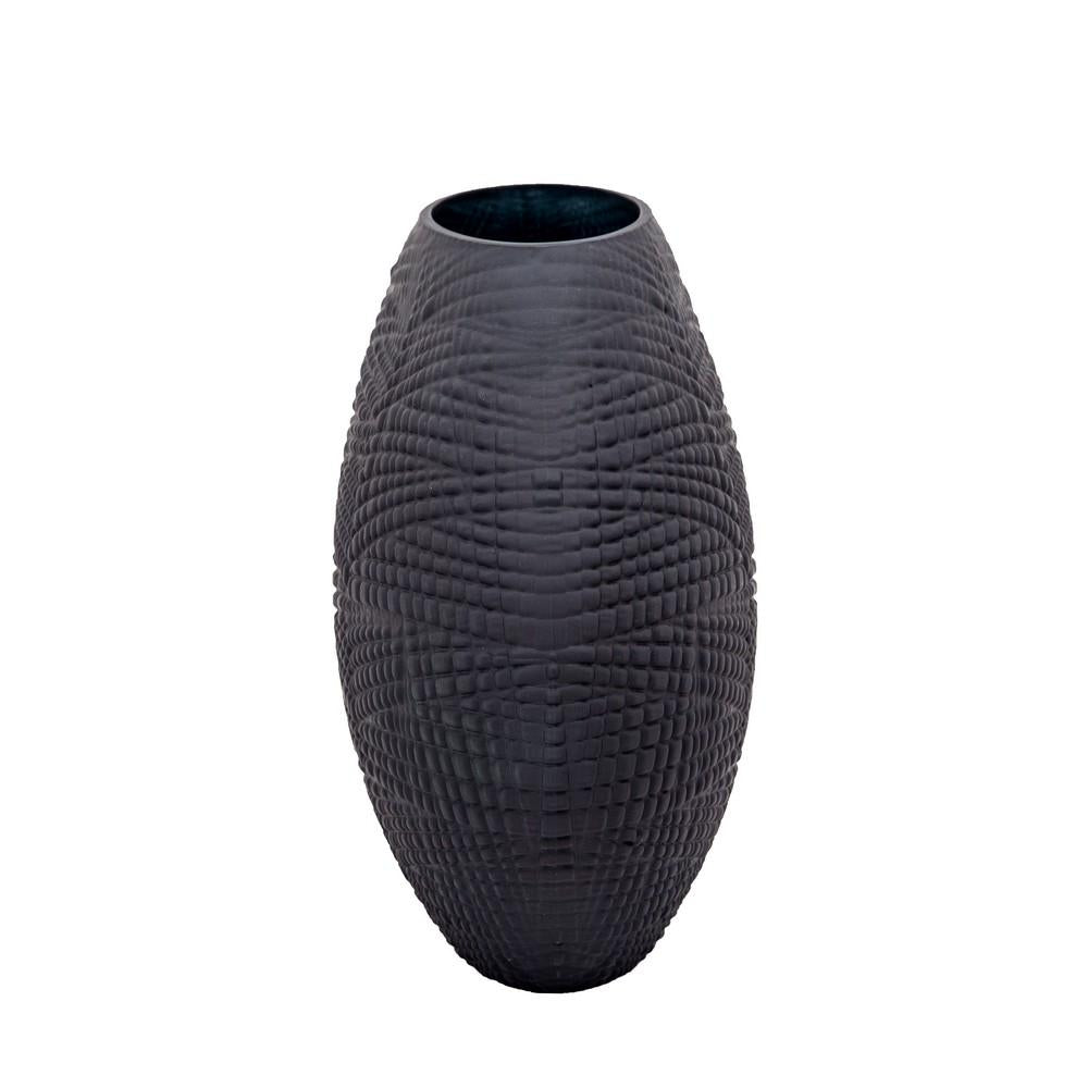 Glass Protruded Design Vase with Textured Details, Black - BM232694