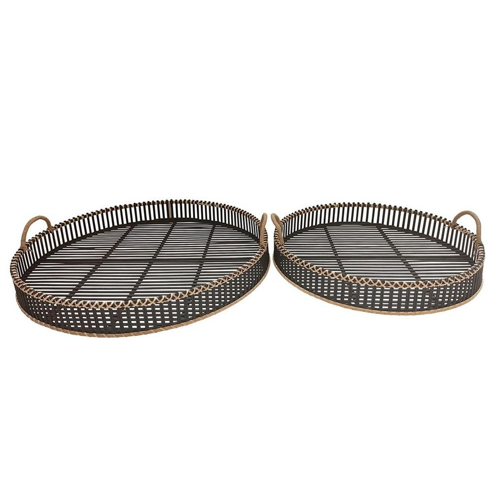 Round Shaped Bamboo Tray with Curved Handle, Set of 2, Black - BM232697
