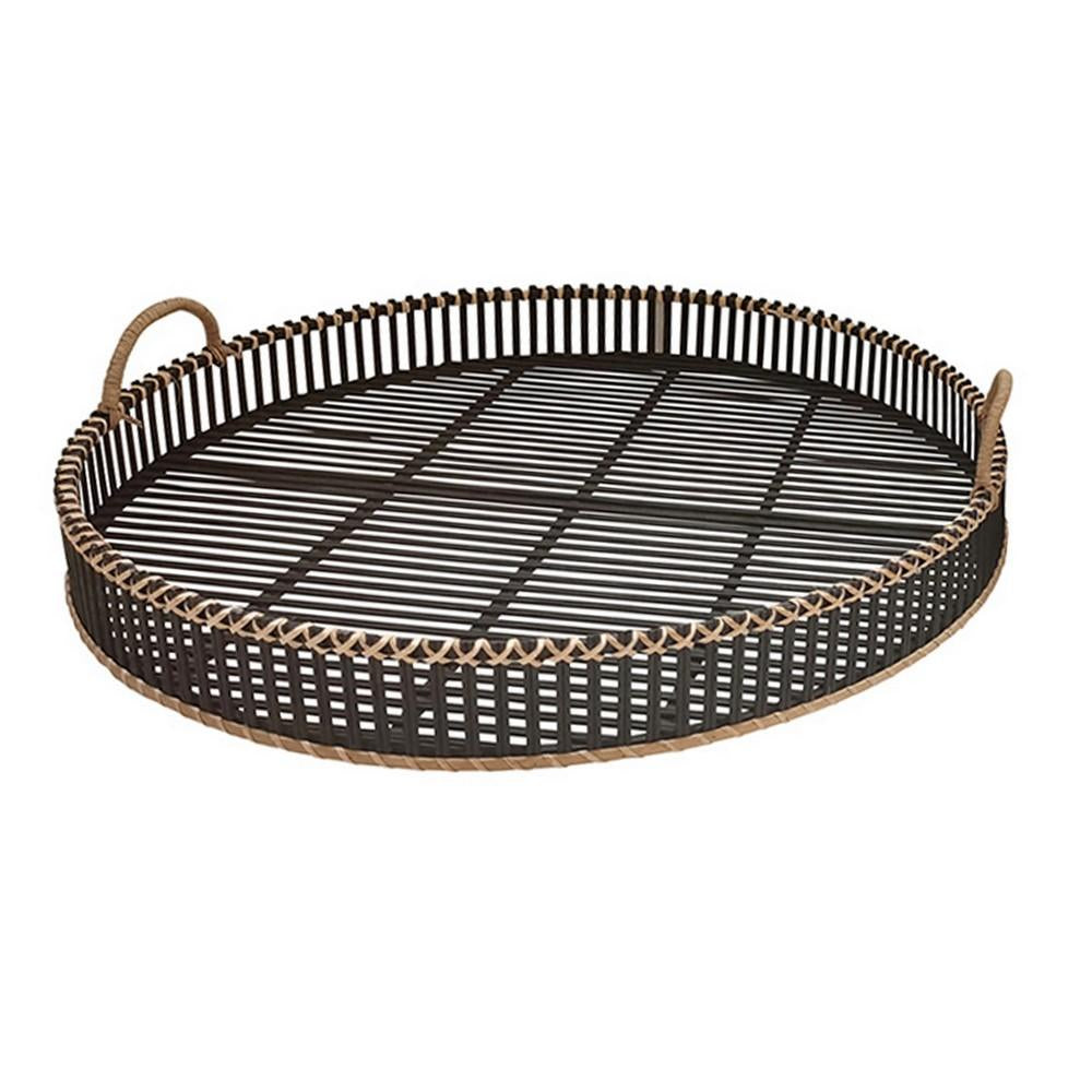 Round Shaped Bamboo Tray with Curved Handle, Set of 2, Black - BM232697