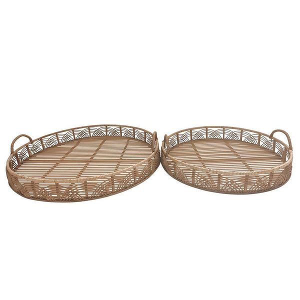 Round Shaped Bamboo Tray with Curved Handle, Set of 2, Brown - BM232698