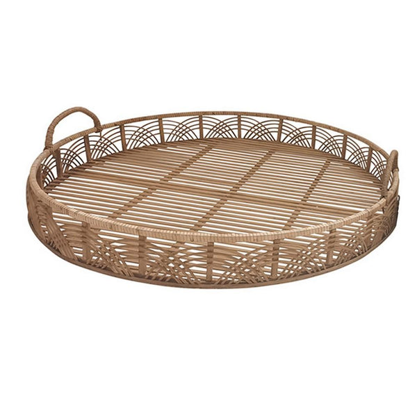 Round Shaped Bamboo Tray with Curved Handle, Set of 2, Brown - BM232698
