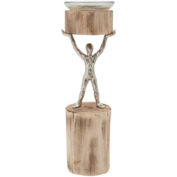 14 Inch Wooden Standing Man Candle Holder, Brown and Silver - BM232705