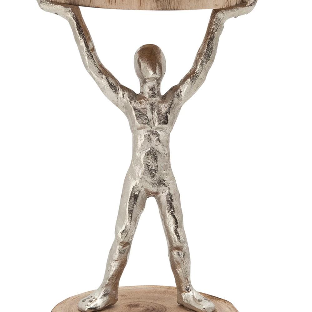 14 Inch Wooden Standing Man Candle Holder, Brown and Silver - BM232705