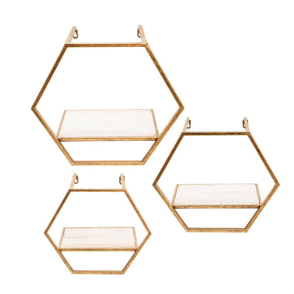 Hexagon Shaped Metal and Wooden Shelf, Set of 3, Gold - BM232719