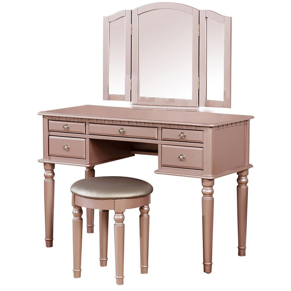 Benjara Vanity Set with Turned Tapered Legs and Three Piece Mirror, Rose Gold - BM232895 | Benzara.com Benjara Vanity Set with Turned Tapered Legs and Three Piece Mirror, Rose Gold - BM232895 | Benzara.com