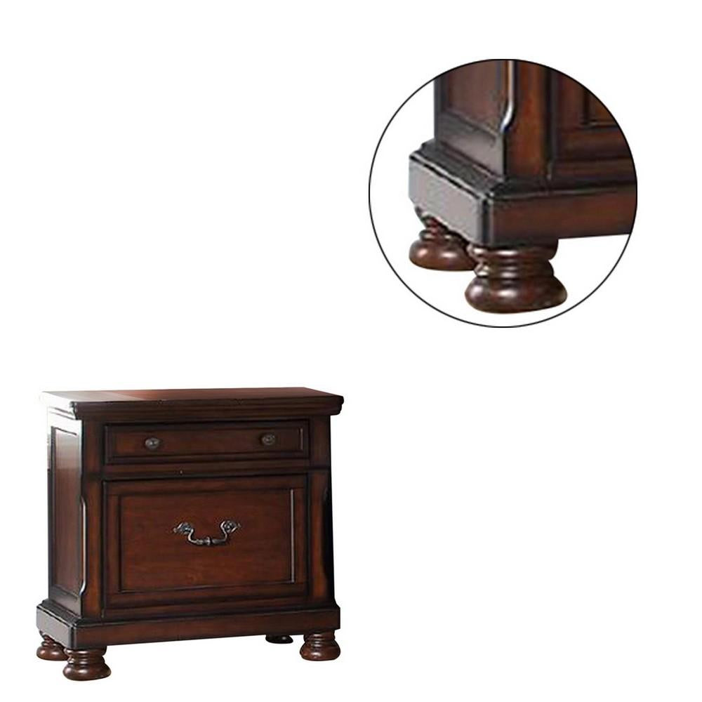 Two Drawers Wooden Nightstand with Bun Feet, Brown - BM232901