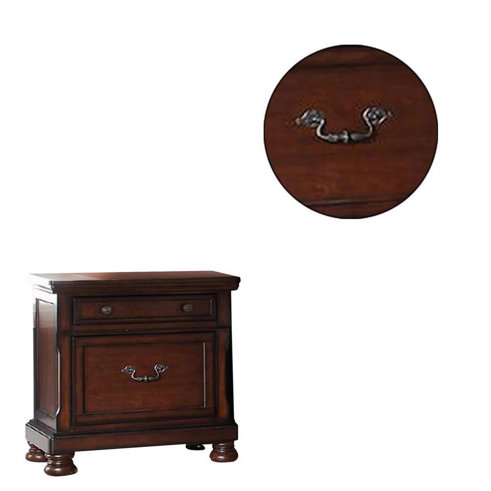 Two Drawers Wooden Nightstand with Bun Feet, Brown - BM232901