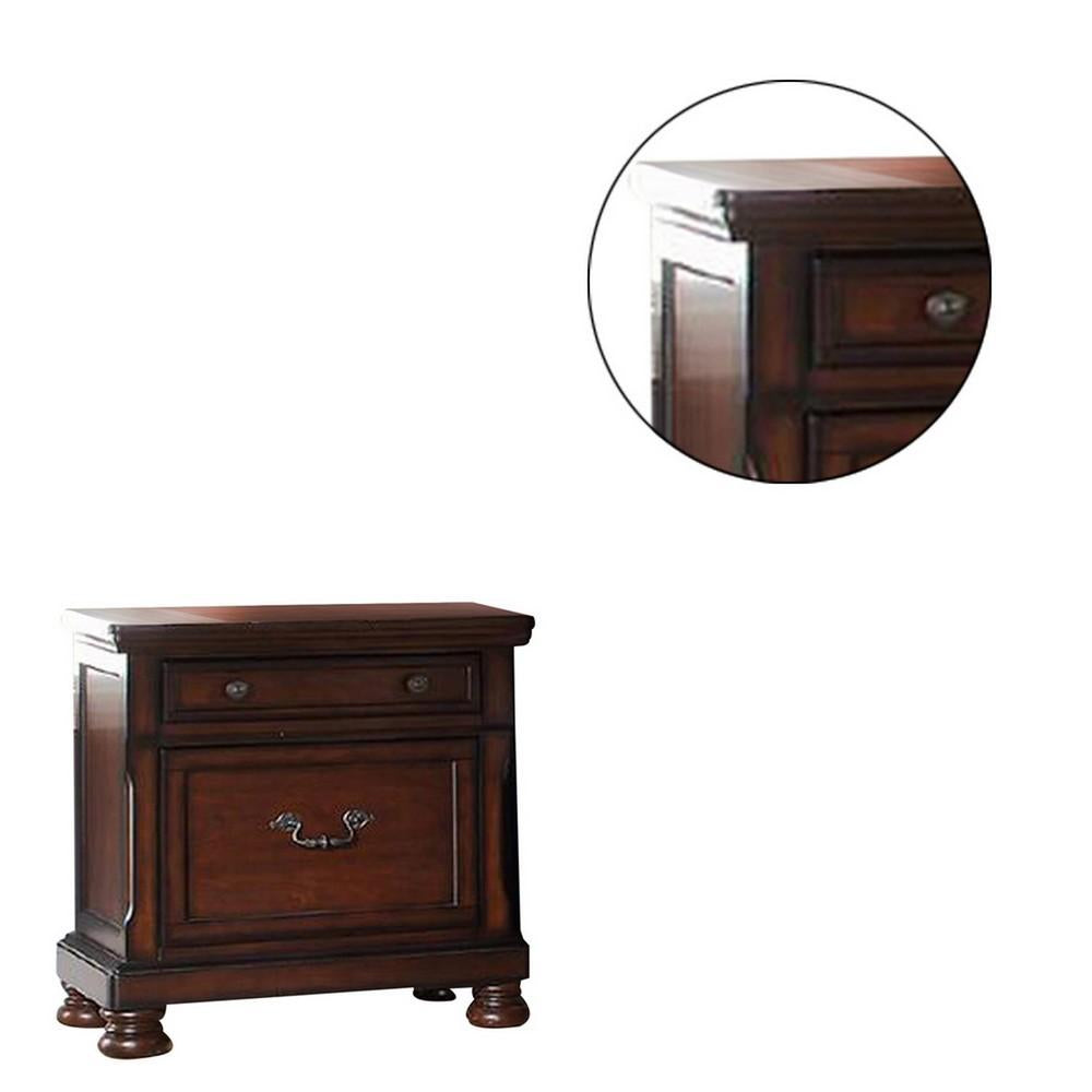 Two Drawers Wooden Nightstand with Bun Feet, Brown - BM232901