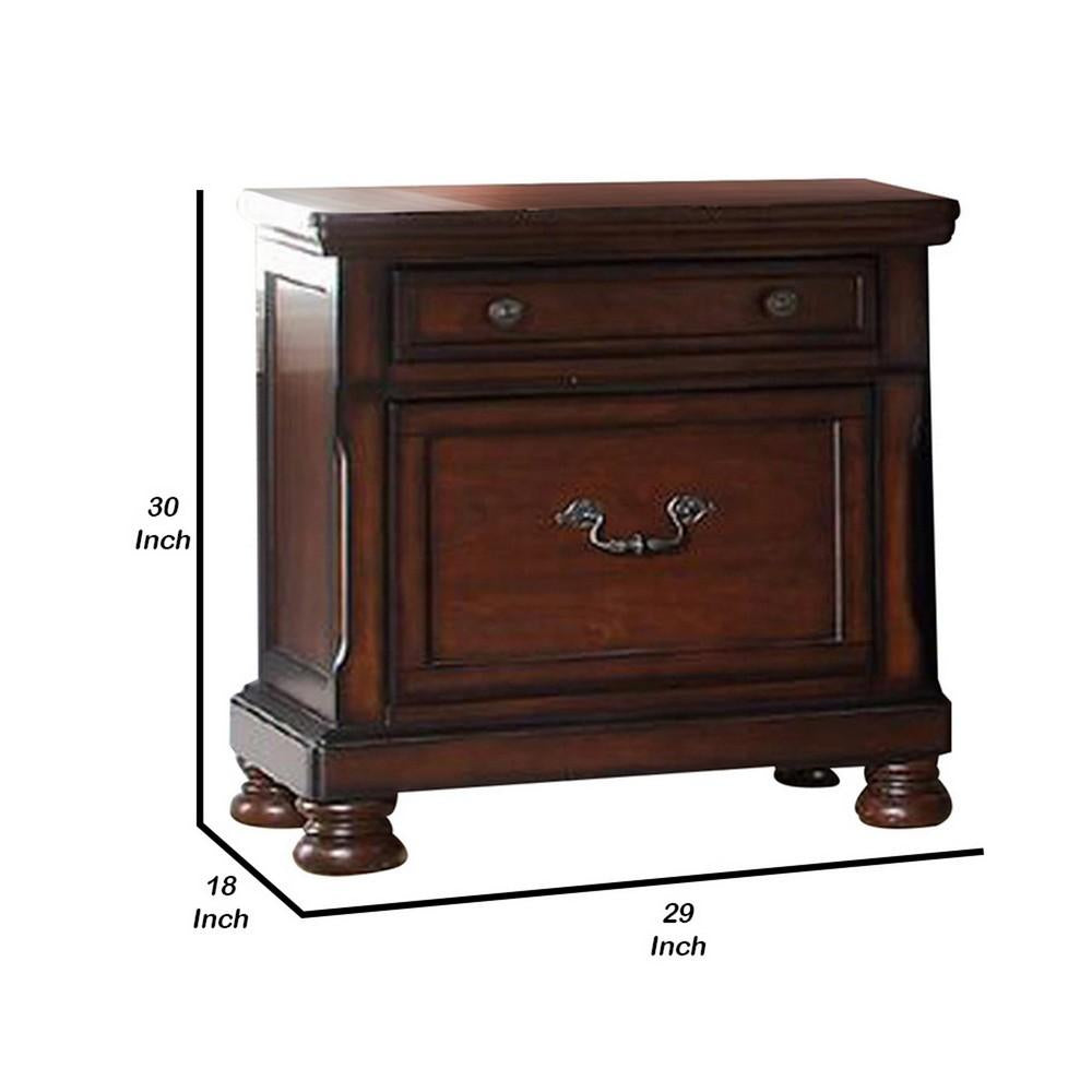 Two Drawers Wooden Nightstand with Bun Feet, Brown - BM232901