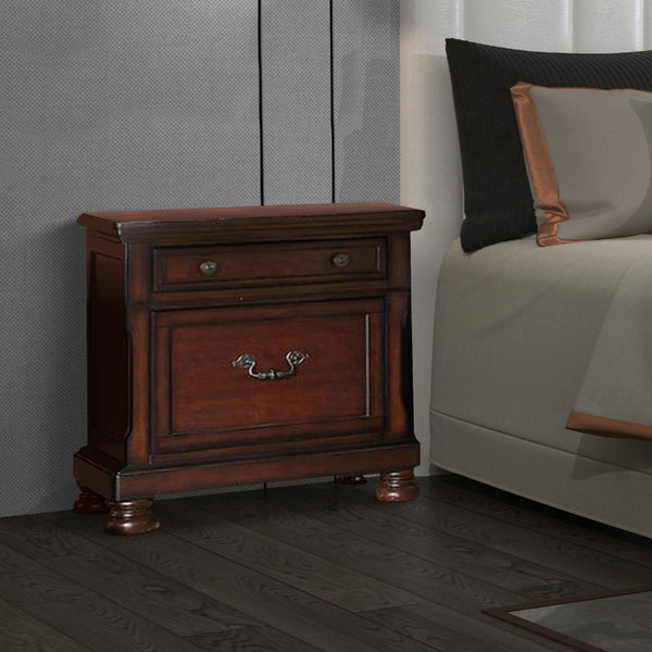 Two Drawers Wooden Nightstand with Bun Feet, Brown - BM232901