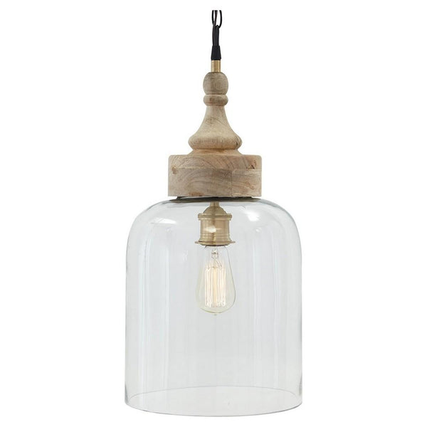 Inverted U Glass Pendant Light with Wood Finial Crown Top, Brown and Clear - BM232931