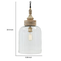 Inverted U Glass Pendant Light with Wood Finial Crown Top, Brown and Clear - BM232931