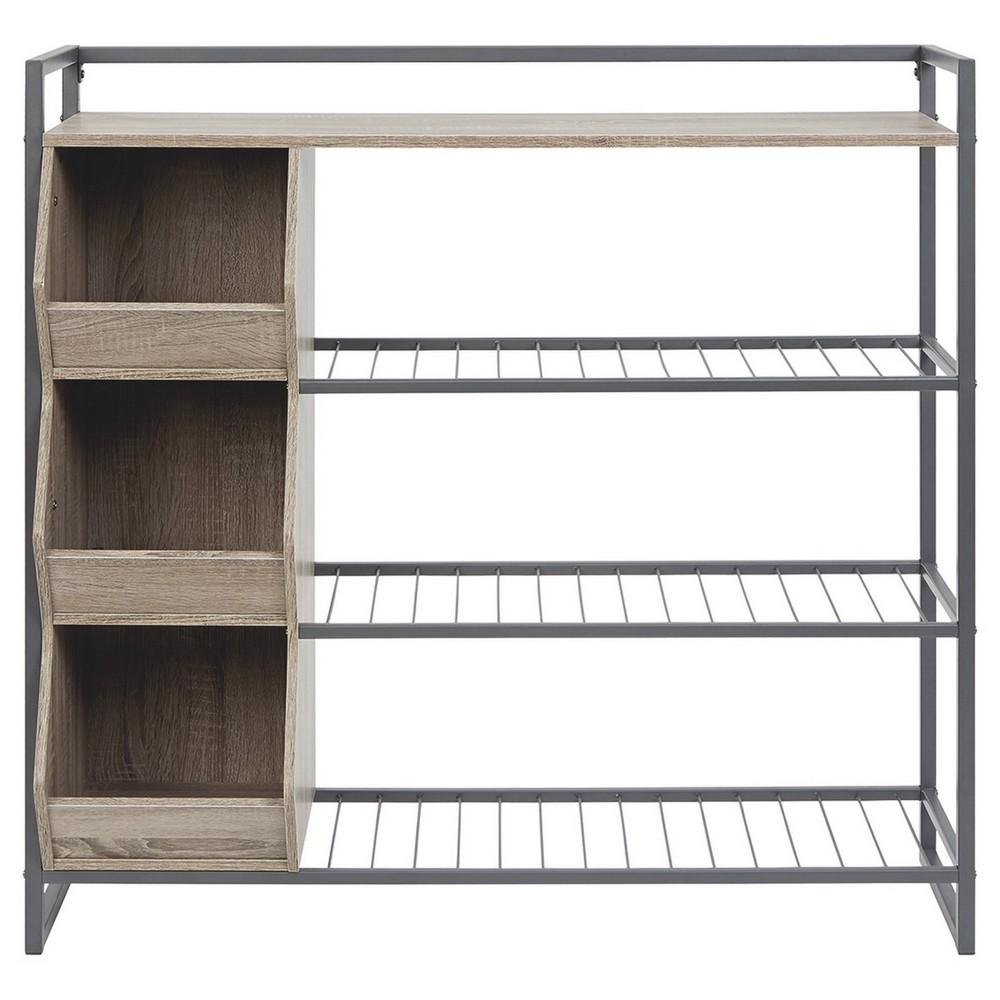 43.25 Inches 3 Cubby Shoe Rack with 4 Shelves, Brown and Gray - BM232946