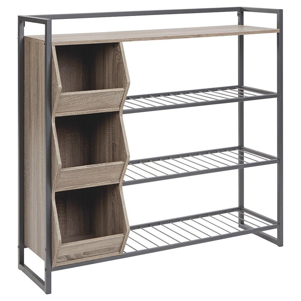 Benjara 43.25 Inches 3 Cubby Shoe Rack with 4 Shelves, Brown and Gray -  BM232946
