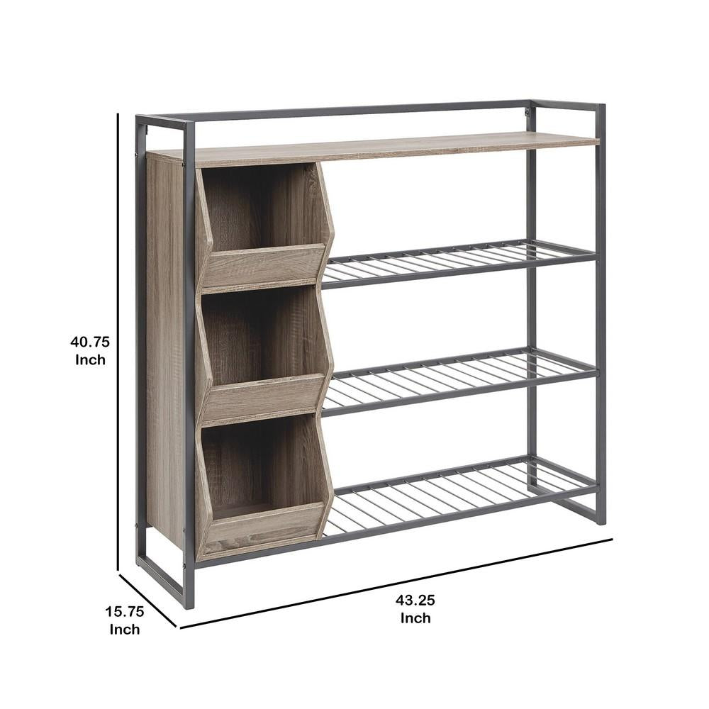 Benjara 43.25 Inches 3 Cubby Shoe Rack with 4 Shelves, Brown and Gray -  BM232946