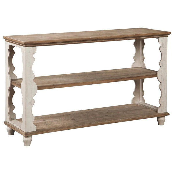 Traditional Style Console Sofa Table with Scalloped Design, White and Brown - BM232961