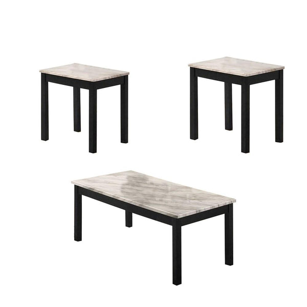 3 Piece Coffee Table and End Table with Faux Marble Top, Black and White - BM233097