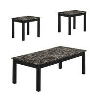 3 Piece Coffee Table and End Table with Faux Marble Top, Black - BM233098