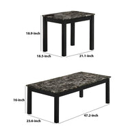 3 Piece Coffee Table and End Table with Faux Marble Top, Black - BM233098