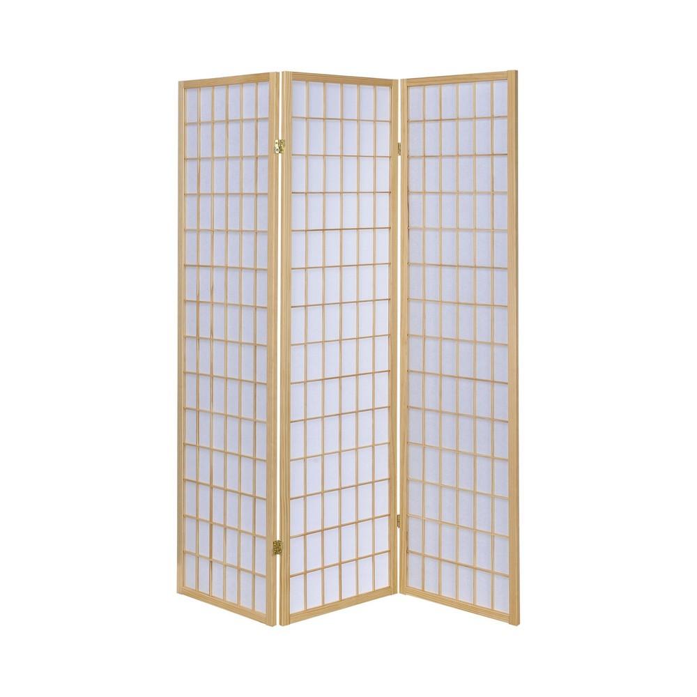 3 Panel Foldable Wooden Frame Room Divider with Grid Design, Brown - BM233240