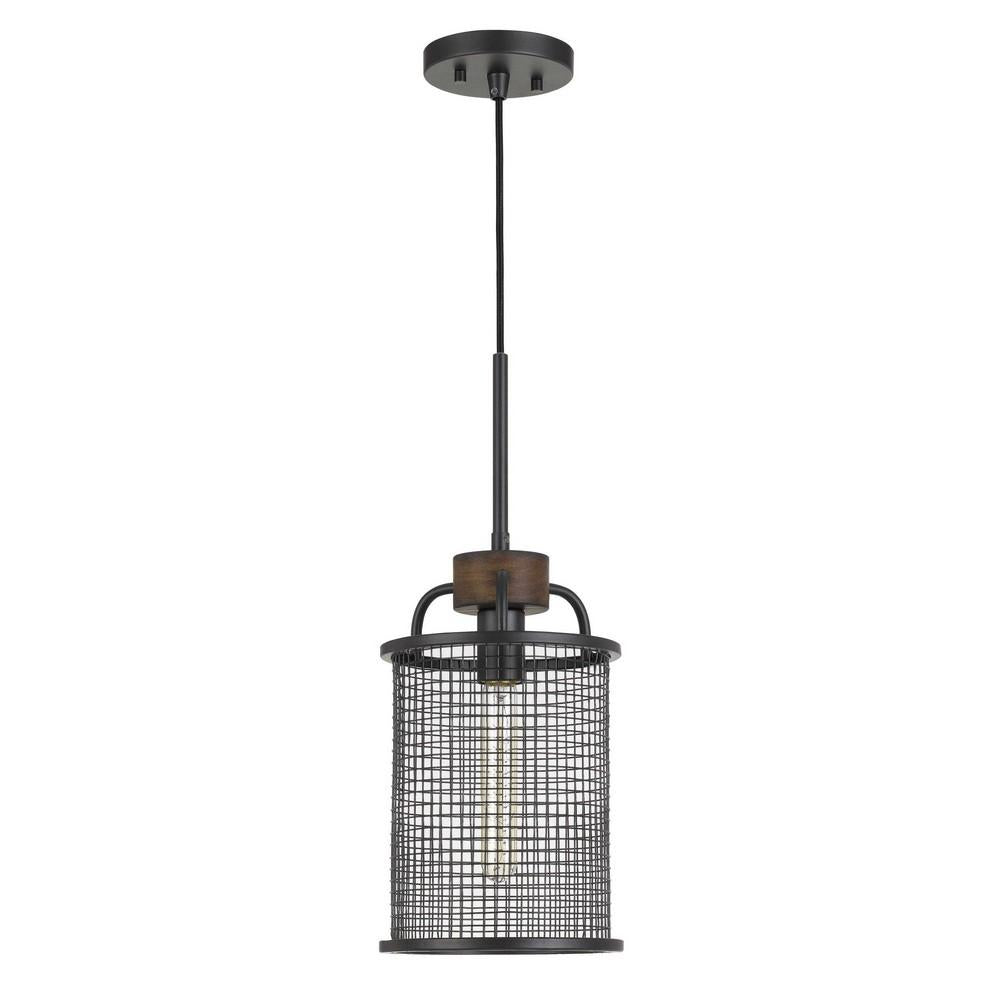 Cylindrical Grid Design Metal Chandelier with Wooden Accent, Black - BM233266