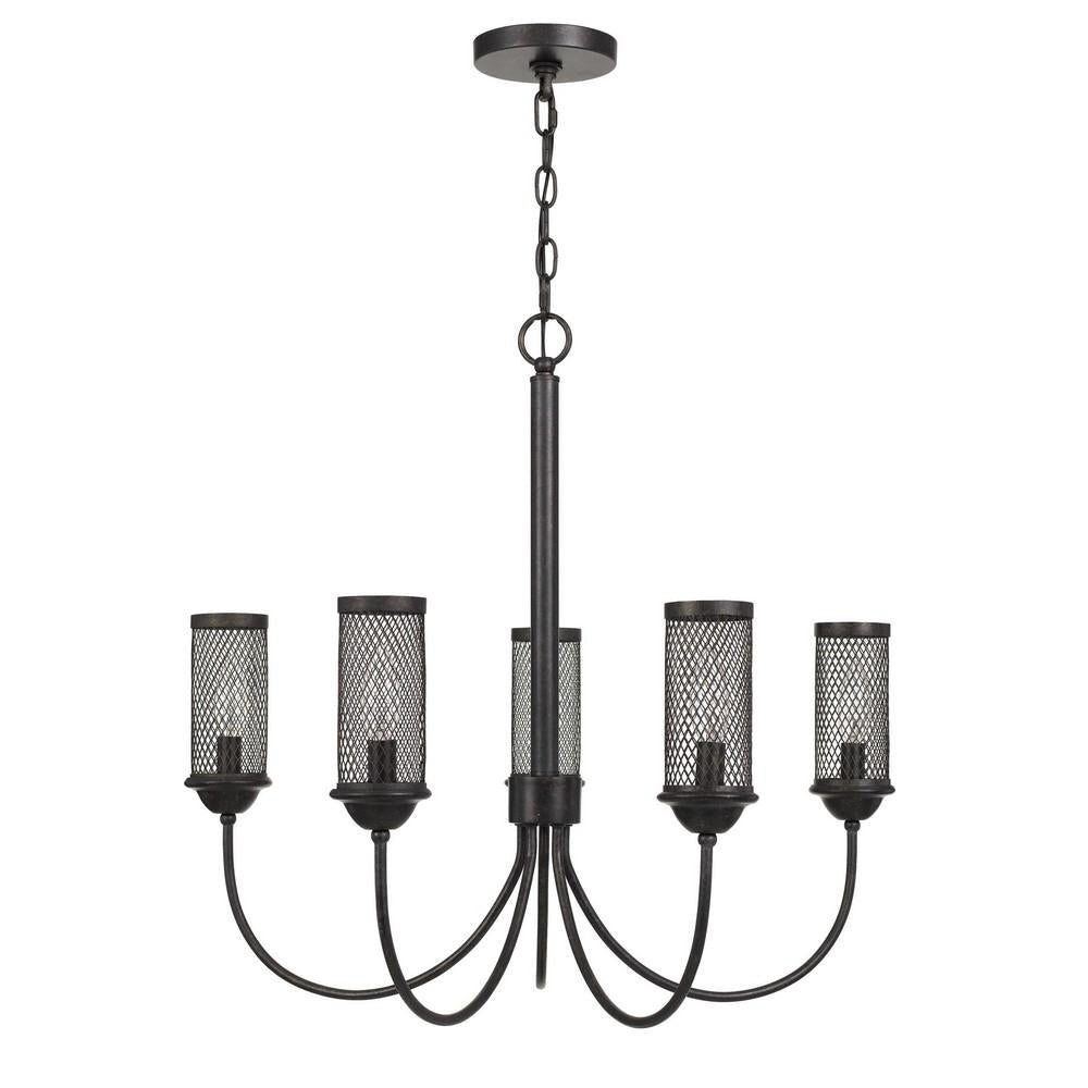 Metal Chandelier with 5 Cylindrical Wire Mesh Shades, Black - BM233272