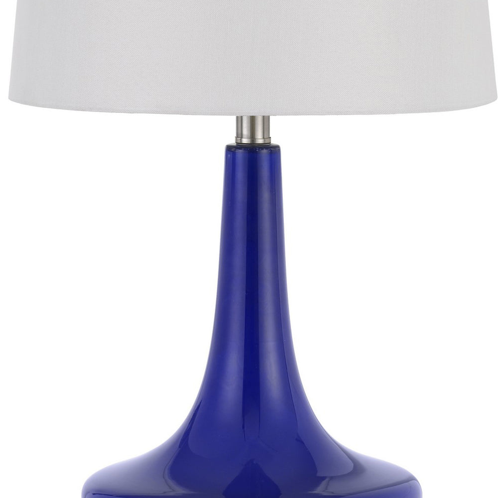 26 Inch Curved Bellied Base Glass Table Lamp, Fabric Shade, Set of 2, Blue- BM233306