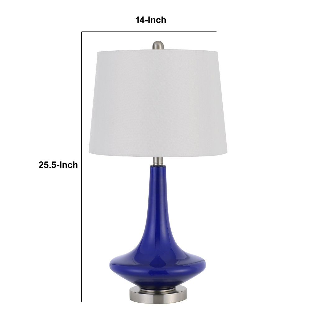 26 Inch Curved Bellied Base Glass Table Lamp, Fabric Shade, Set of 2, Blue- BM233306