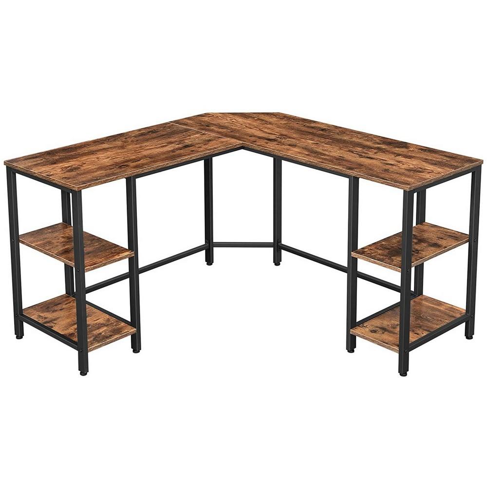 Eva 54 Inch L Shape Wood Top Computer Desk, 4 Shelves, Metal Frame, Brown, Black - BM233665