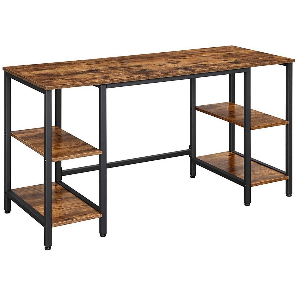 Eva 54 Inches Rectangular Wood Top Computer Desk, 4 Shelves, Metal, Brown, Black - BM233670