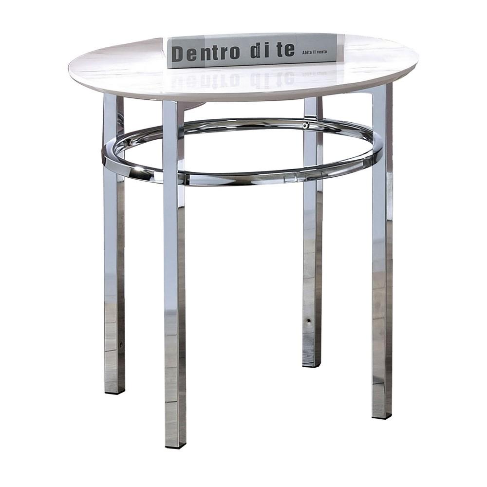 23 Inch Round Faux Marble Top End Table, White and Chrome - BM233730