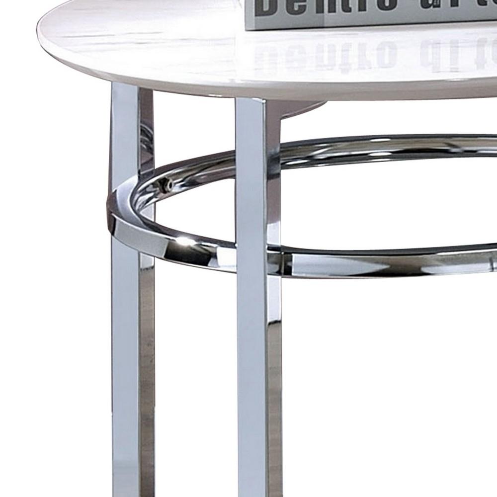 23 Inch Round Faux Marble Top End Table, White and Chrome - BM233730