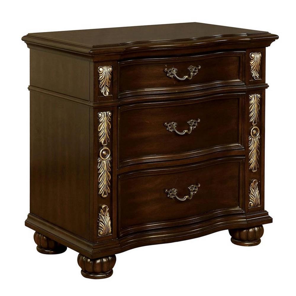 3 Drawer Wooden Nightstand with Decorative Accent and USB Plugin, Brown - BM233789