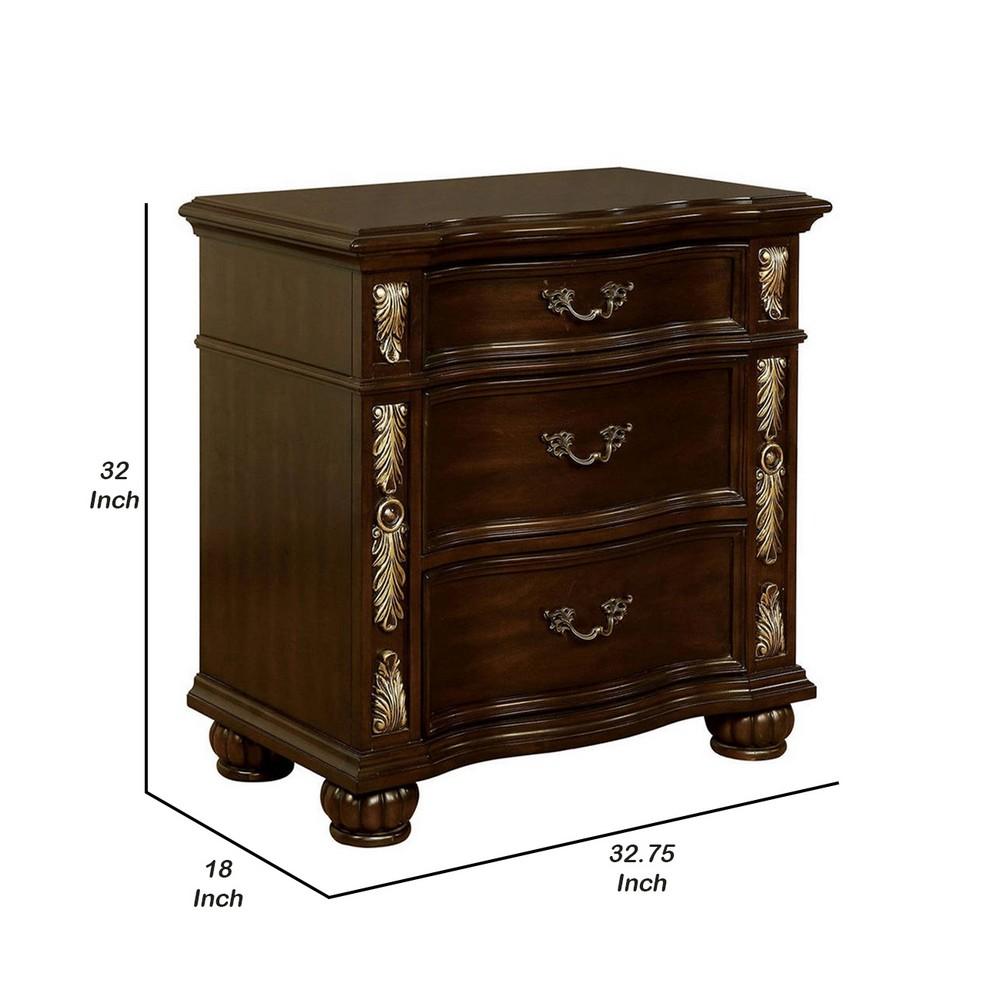 3 Drawer Wooden Nightstand with Decorative Accent and USB Plugin, Brown - BM233789