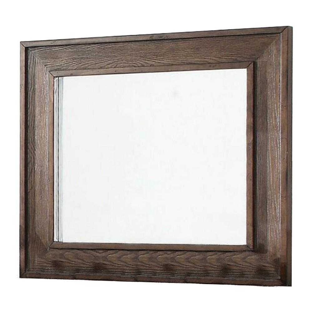 Wooden Frame Mirror with Raised Edges and Grain Details, Brown - BM233843