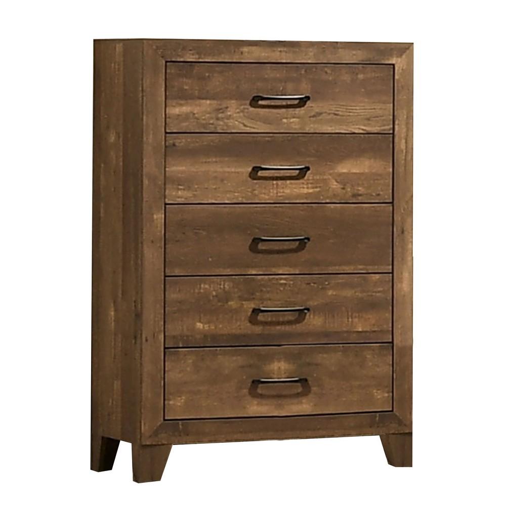 5 Drawer Wooden Chest with Grain Details, Walnut Brown - BM233856