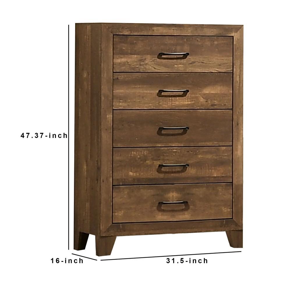 5 Drawer Wooden Chest with Grain Details, Walnut Brown - BM233856