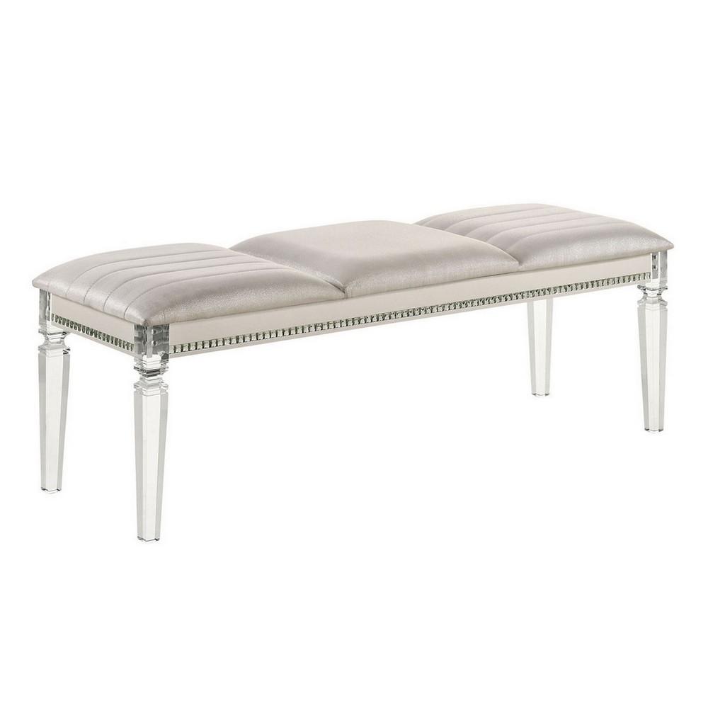 Tufted Leatherette Seater Wooden Bench with Mirror Accents, White - BM233878
