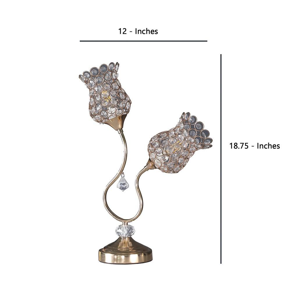 Metal Table Lamp with Floral Trumpet Shade and Crystal Accents, Gold - BM233925