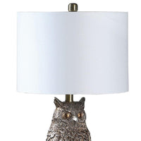 Polyresin Sitting Owl Design Table Lamp with Round Base, Silver - BM233933