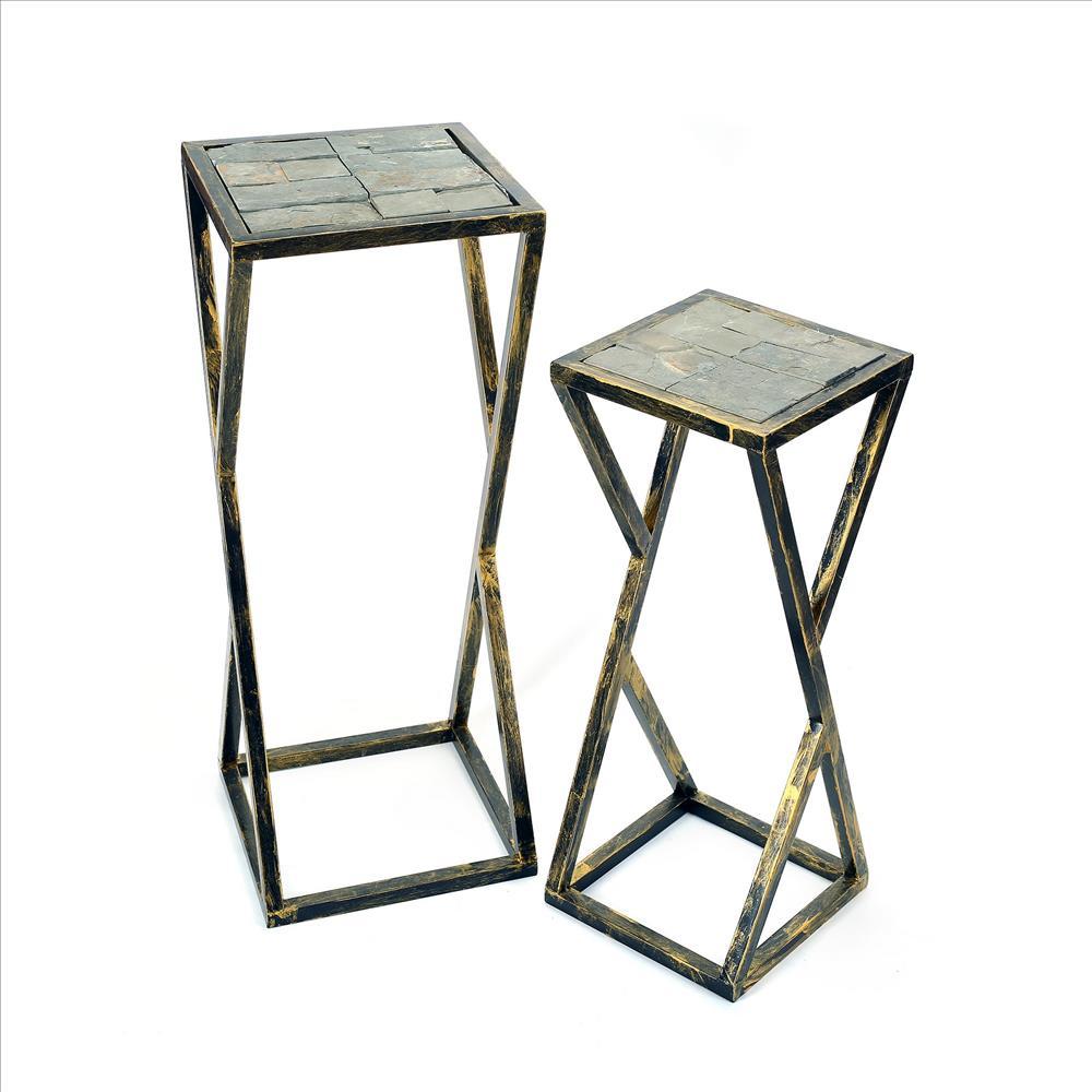 Stone Top Plant Stand with Geometric Base, Set of 2, Black and Gray - BM233953