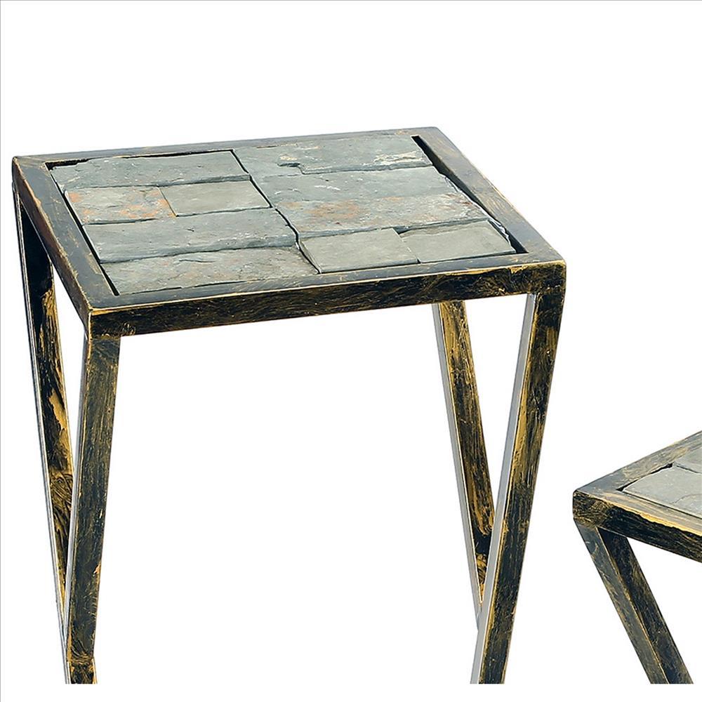Stone Top Plant Stand with Geometric Base, Set of 2, Black and Gray - BM233953