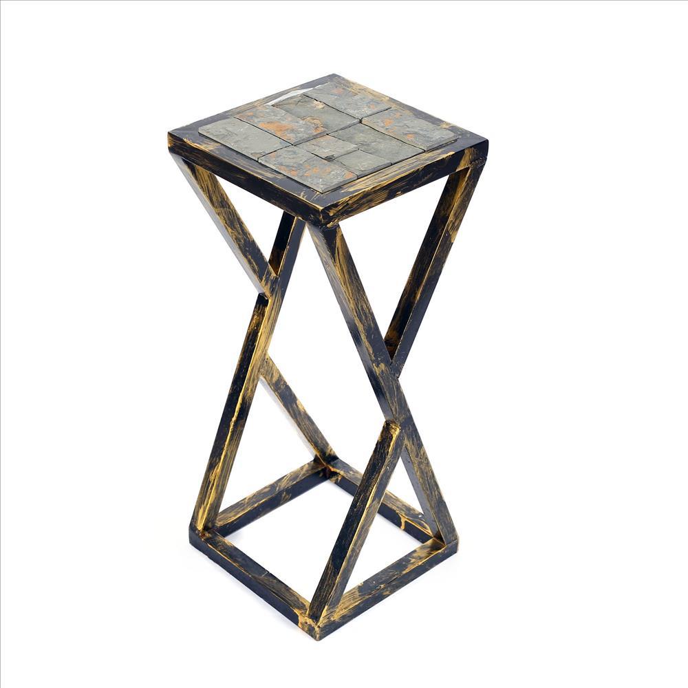 19.5 Inches Stone Top Plant Stand with Geometric Base, Black and Gray - BM233955