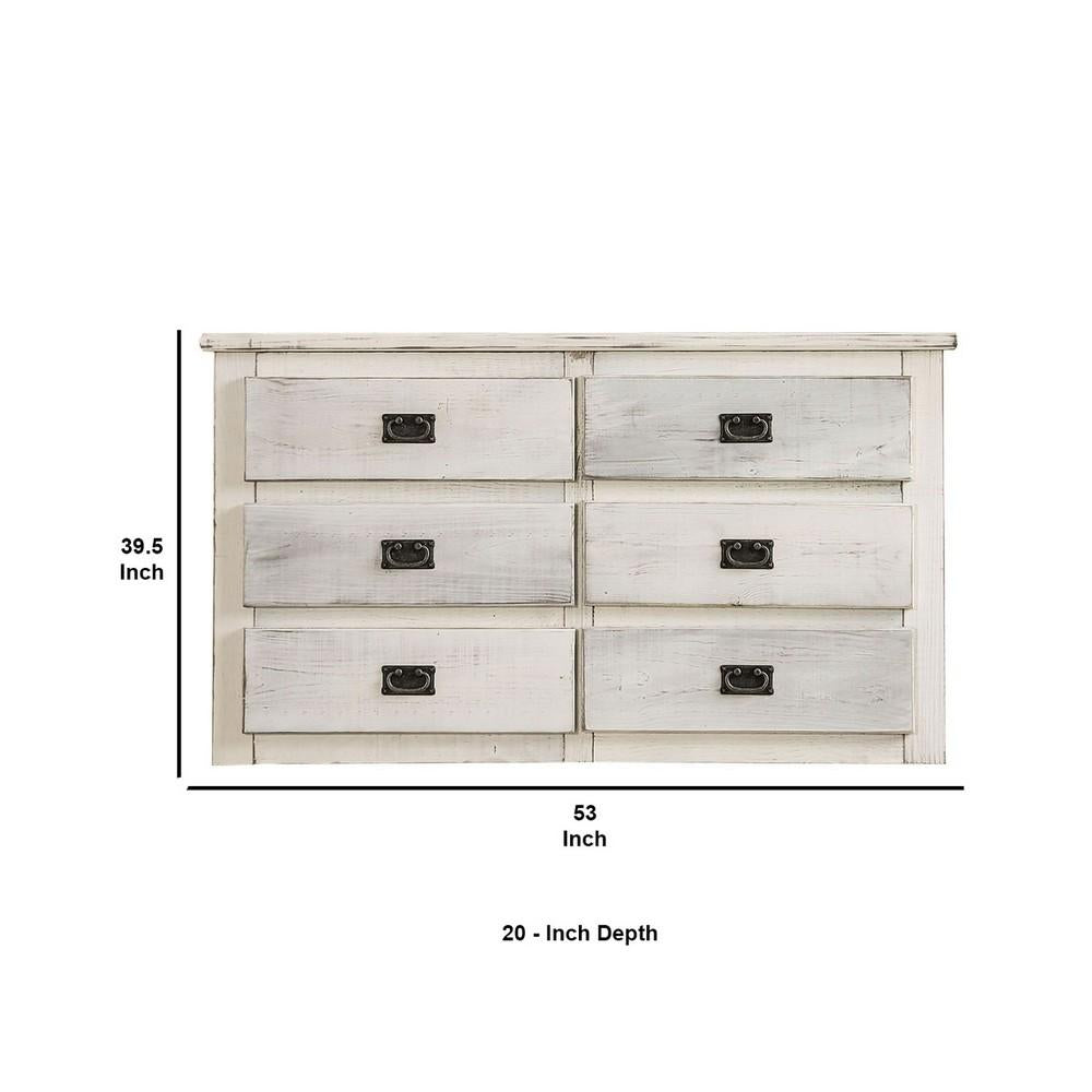 Plank Design 6 Drawer Wooden Dresser with Bail Pulls, White - BM235420