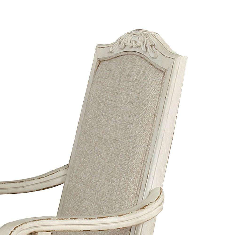 Rustic Wooden Arm Chair with Intricate Carvings, Set of 2, Antique White - BM235431