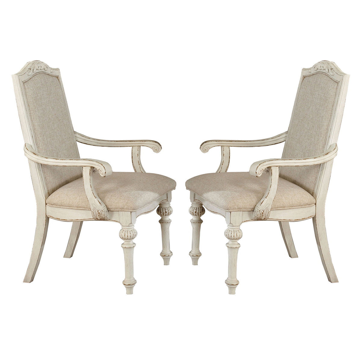 Rustic Wooden Arm Chair with Intricate Carvings, Set of 2, Antique White - BM235431