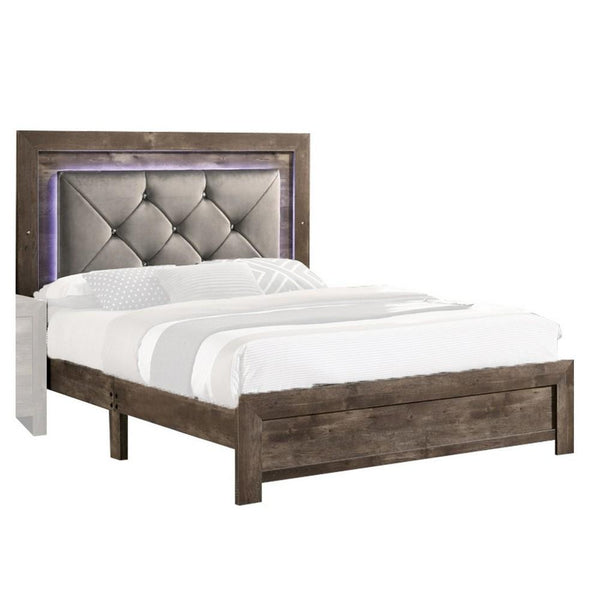 Farmhouse Button Tufted Wooden Queen King Bed with LED, Natural Brown - BM235449