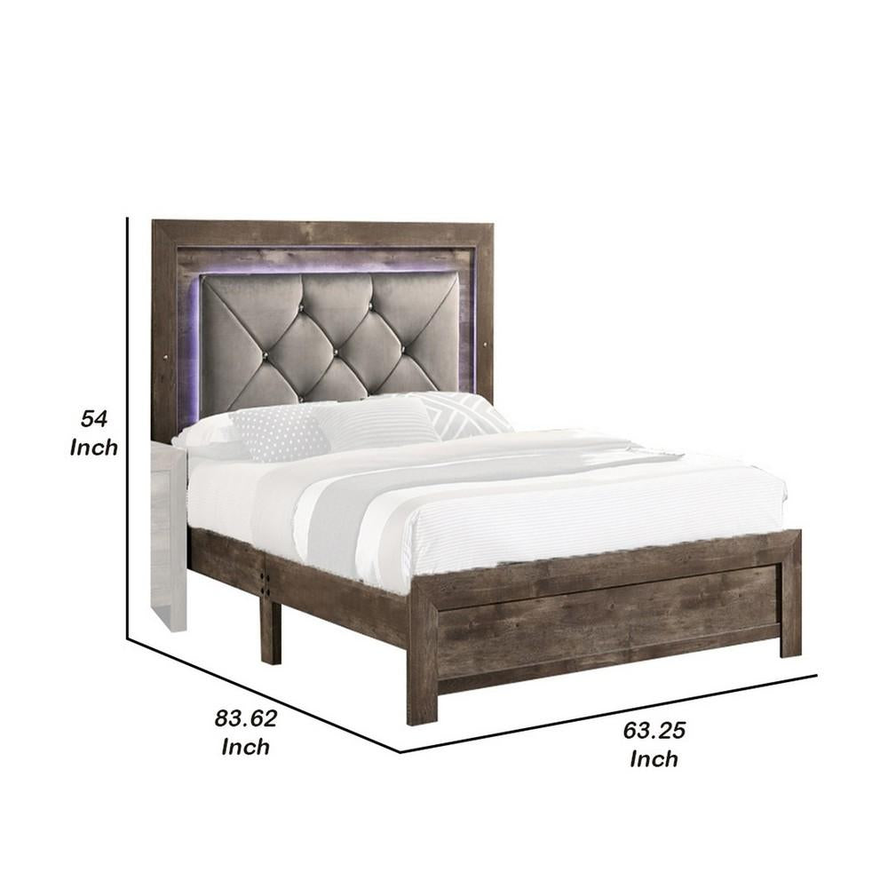 Farmhouse Button Tufted Wooden Queen King Bed with LED, Natural Brown - BM235449